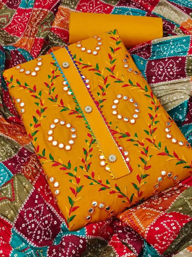 Traditional mirror work embroidered cotton dress material with multicolor bandhani dupatta unstitched