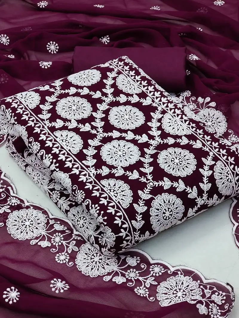 Floral embroidered unstitched dress material with net dupatta