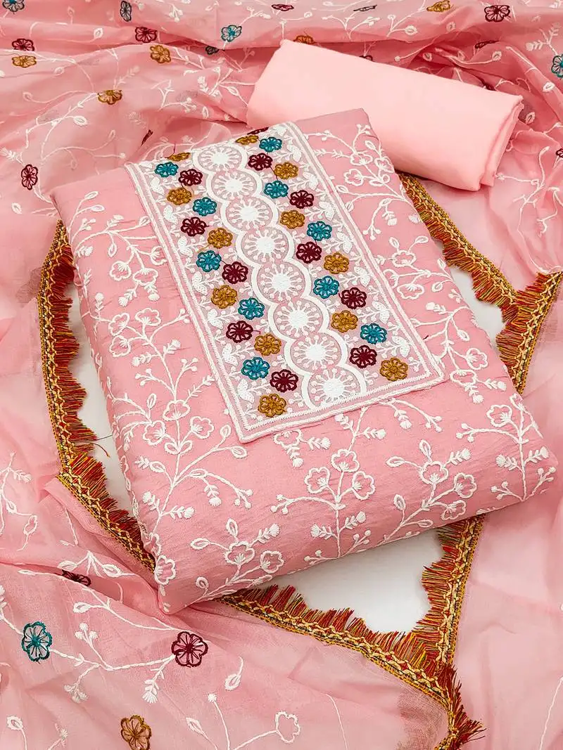 Floral embroidered unstitched dress material with multicolor dupatta