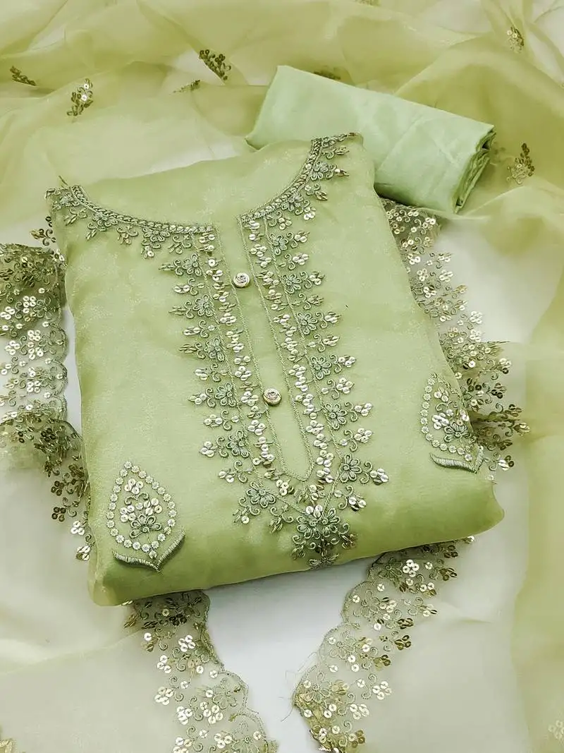 Embroidered unstitched dress material with sequin work and matching dupatta