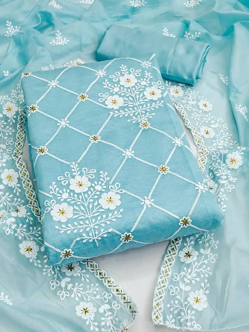 Blue chanderi cotton dress material with white embroidery & floral lace dupatta unstitched