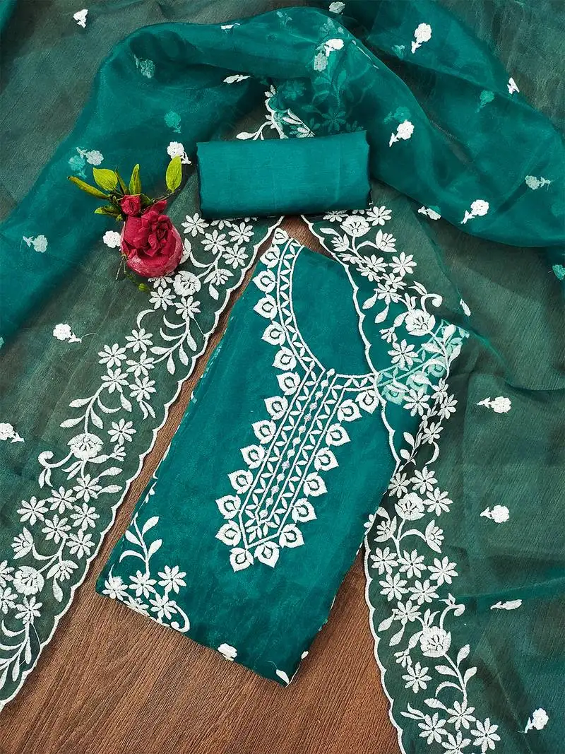 Teal graceful organza embroidered suit set with matching dupatta unstitched