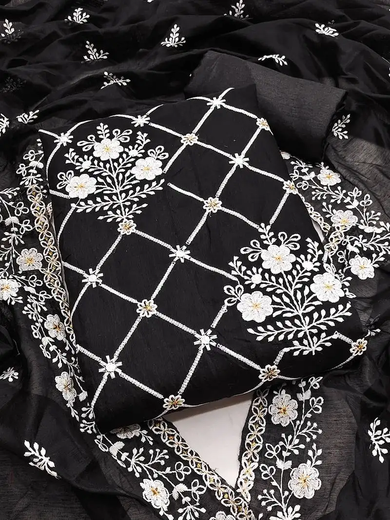 Black chanderi cotton dress material with white embroidery & floral lace dupatta unstitched