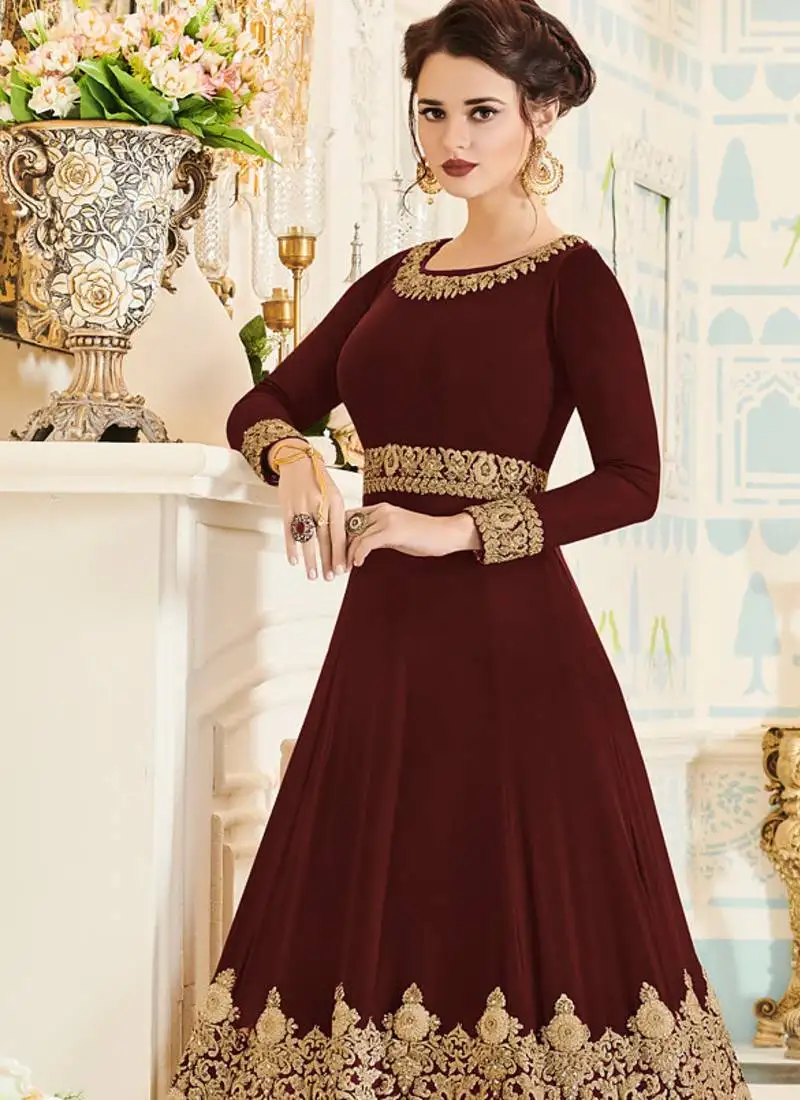 Brown georgette embroidered wedding wear designer anarkali suit semi stitched