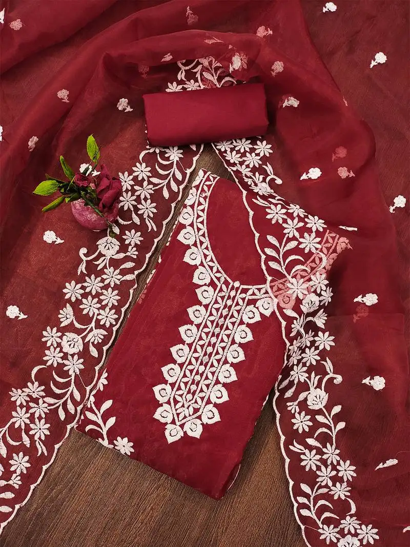 Red graceful organza embroidered suit set with matching dupatta unstitched