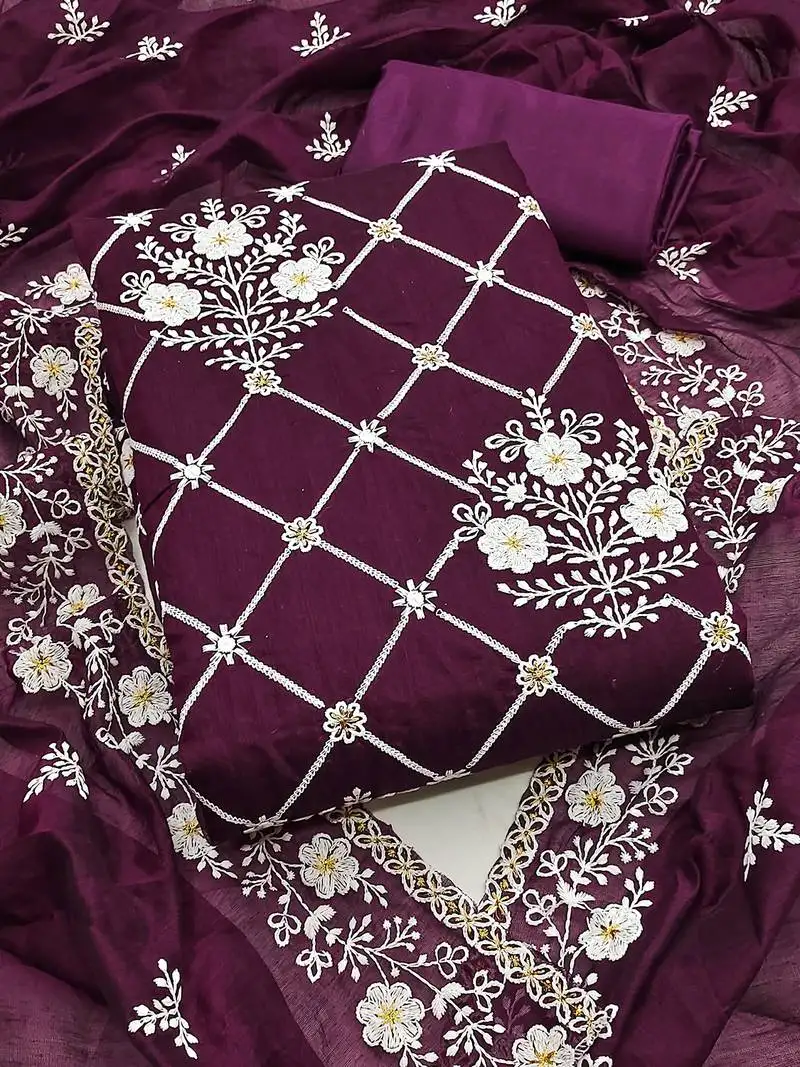 Wine chanderi cotton dress material with white embroidery & floral lace dupatta unstitched