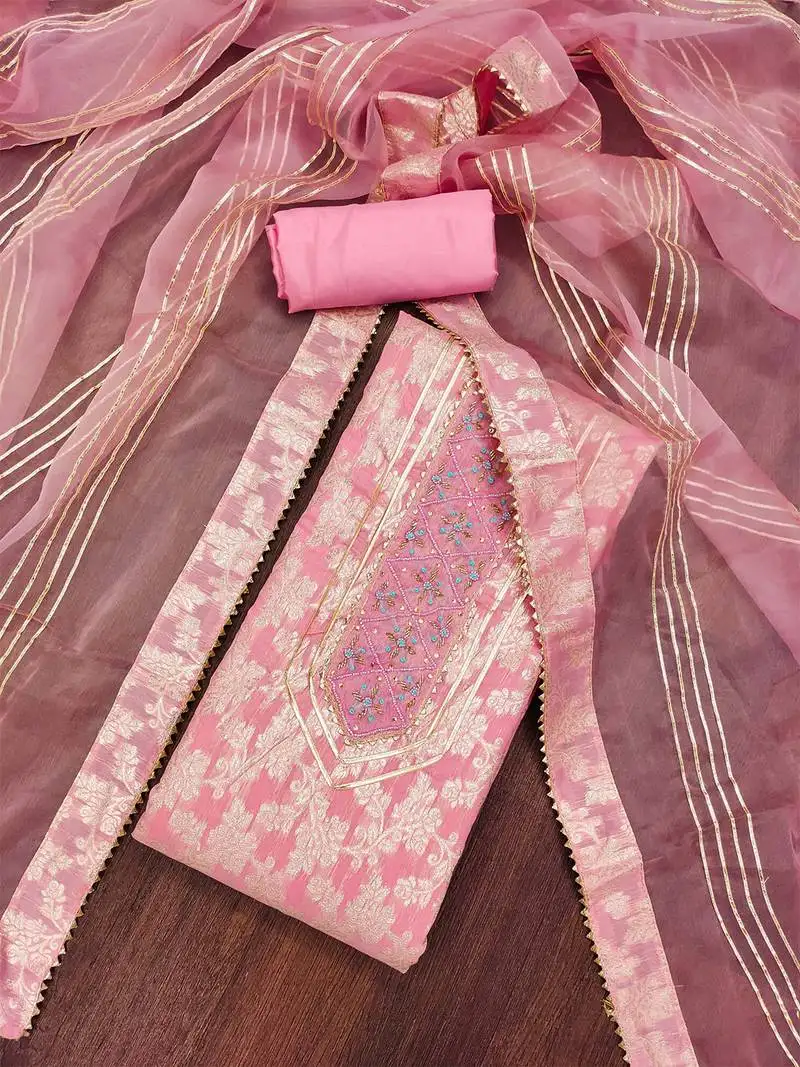 Pink graceful jacquard dress material with handwork & organza lace dupatta unstitched