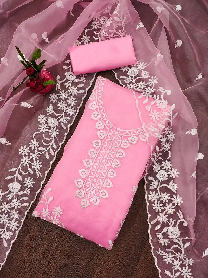 Pink graceful organza embroidered suit set with matching dupatta unstitched