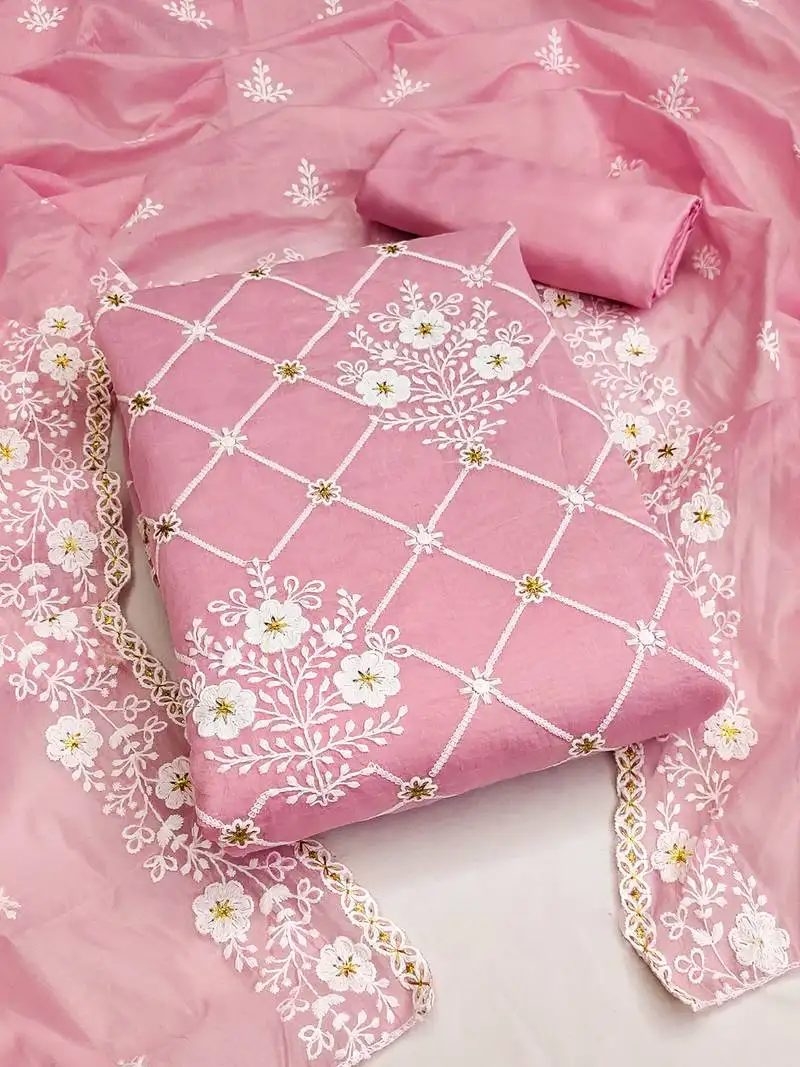 Pink chanderi cotton dress material with white embroidery & floral lace dupatta unstitched