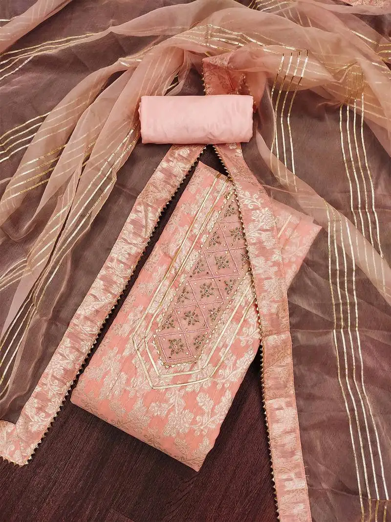 Peach graceful jacquard dress material with handwork & organza lace dupatta unstitched