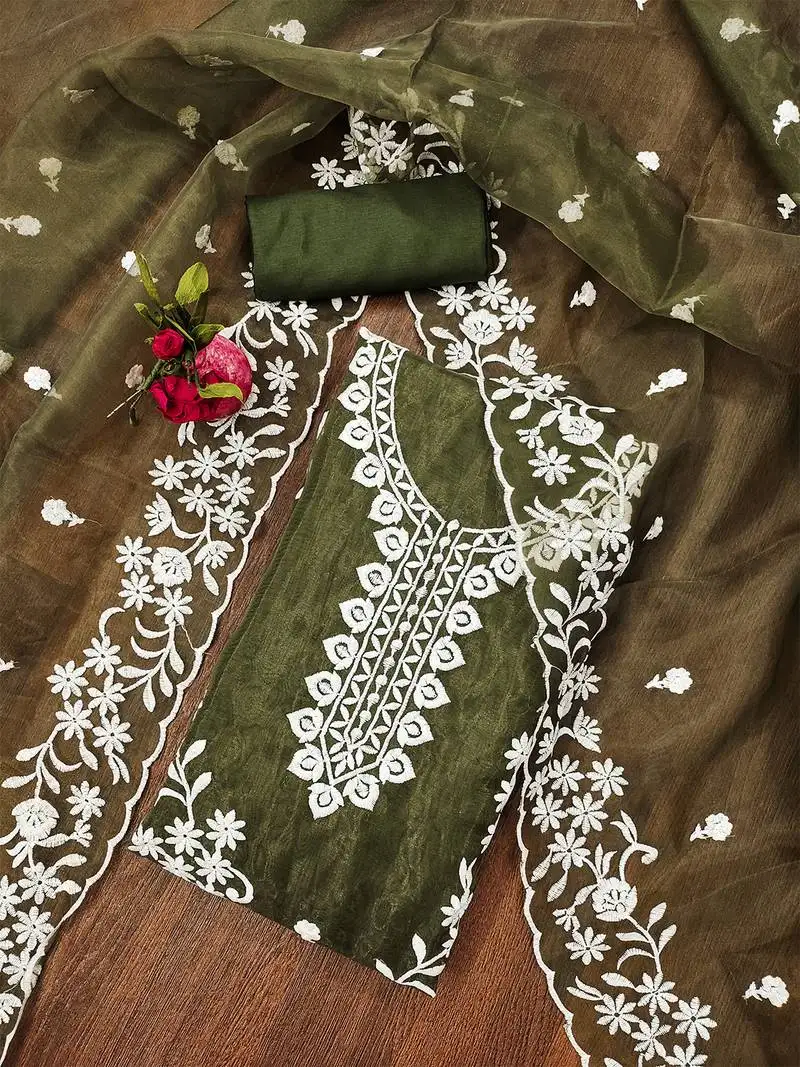Olive green graceful organza embroidered suit set with matching dupatta unstitched