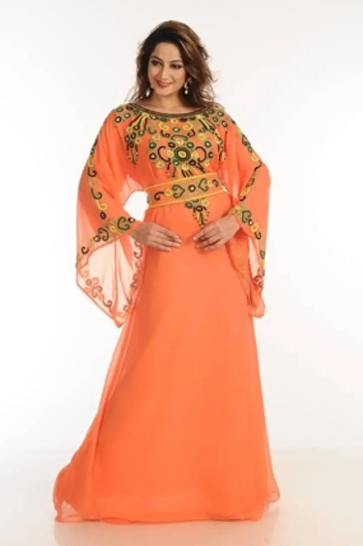 Orange zari work georgette islamic style party wear stones and beads embedded arabian kaftan