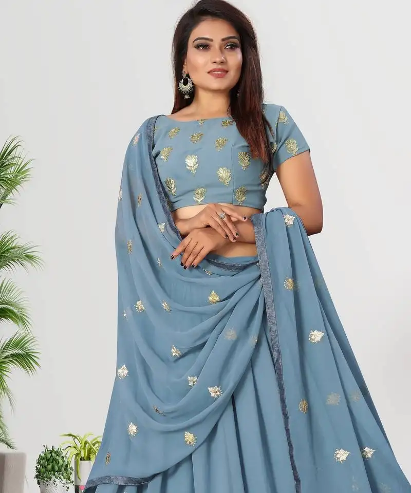 Grey georgette zari embroidered lehenga choli