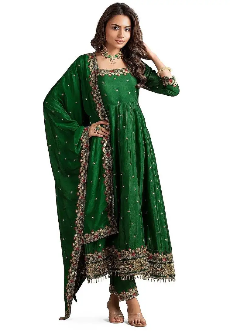 Green silk embroidery hand wrok party wear suit set stitched