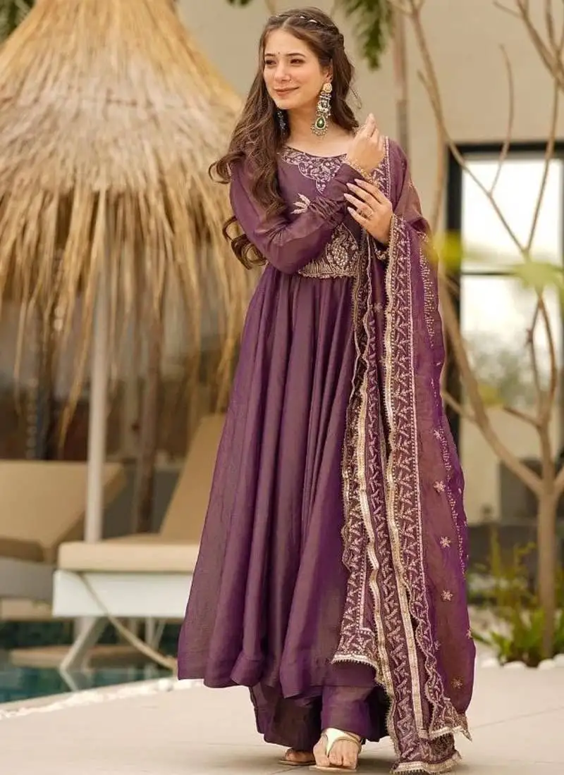 Light purple cosmo silk embroidery work suit set stitched
