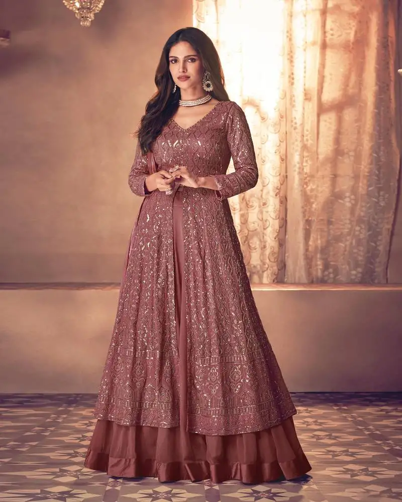 Dark peach georgette embroidery anarkali suit set kurta with dupatta stitched