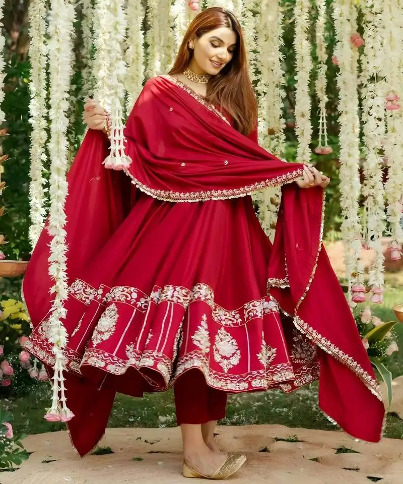 Roman silk embroidery party wear suit set stitched