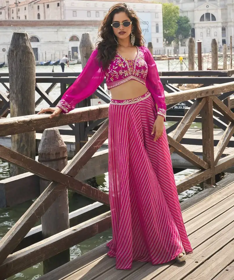 Readymade pure viscos jacquard silk with hand emblissied work palazzo set stitched