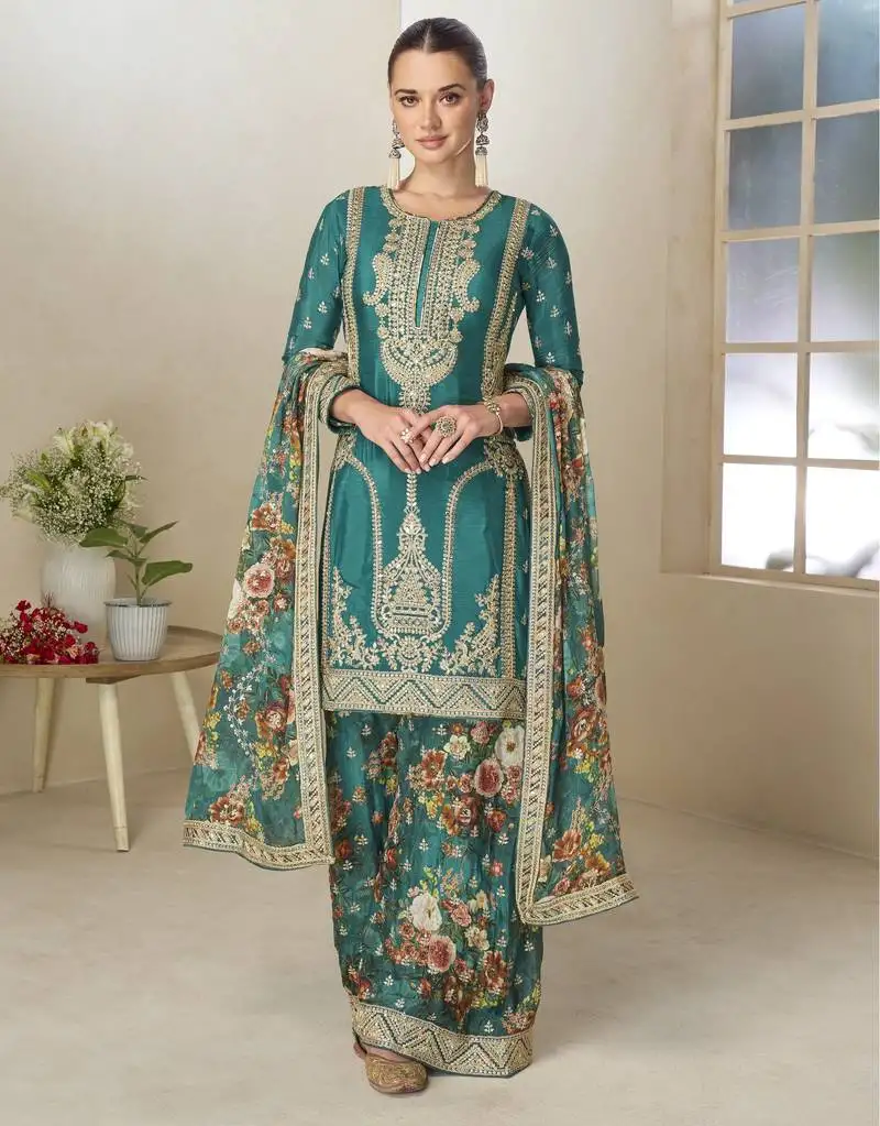 Teal bayou designer hand embroidered palazzo suit stitched