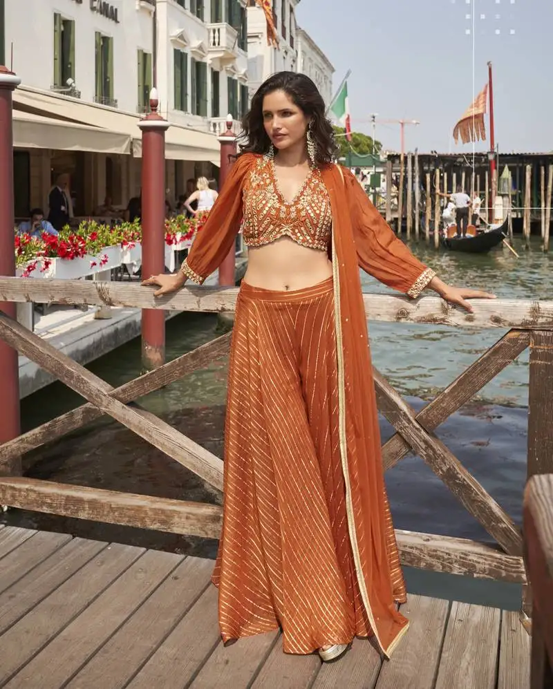 Rust viscose jacquard silk hand work palazzo set stitched