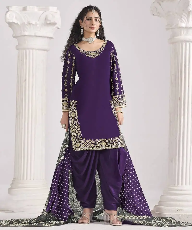 Purple roman silk mirror work patiala salwar kameez for festive semi stitched