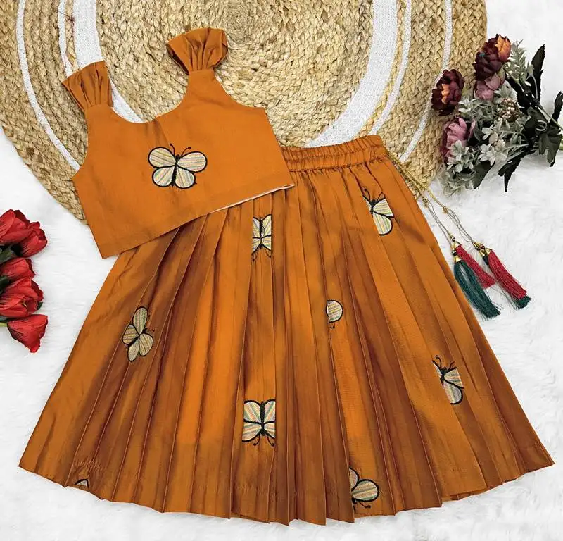 Kids embroidery south indian traditional pattu pavadai silk blend readymade lehenga choli dress for girls