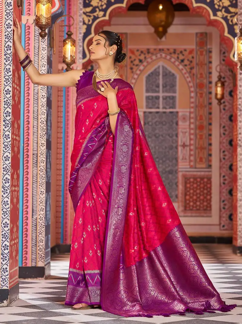 Red banarasi style soft silk blend zari border & threads work saree with blouse