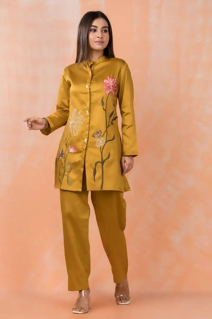 Gold embroidered cotton sabhya marigold co-ord sets