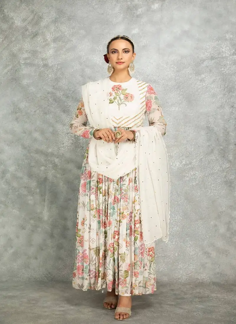 White floral printed georgette anarkali with scalloping dupatta set of 3 stitched