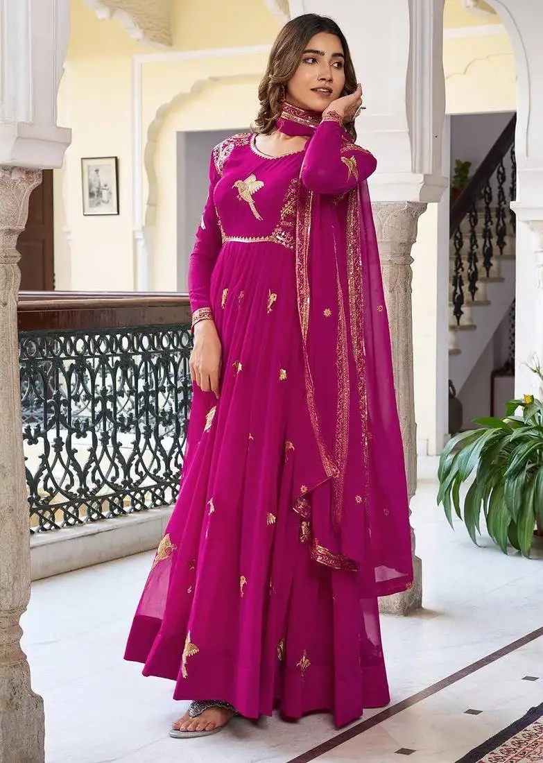 Pink embroidered anarkali suit set new design gown suit set with dupatta