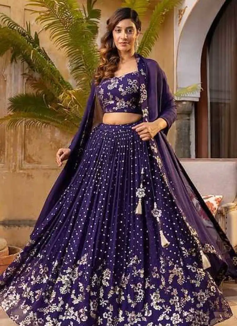 Purple zari sequin embroidered silk lehenga choli with dupatta set