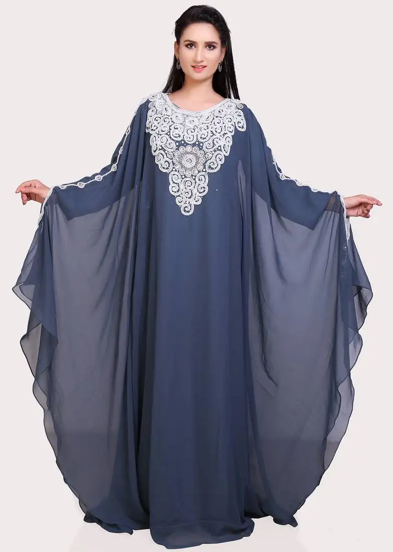 Designer stitched gray georgette kaftan dress with elegant white handwork dresses