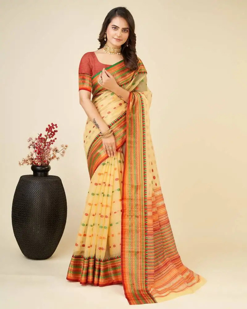Beige silk blend contrast zari border saree with matching blouse