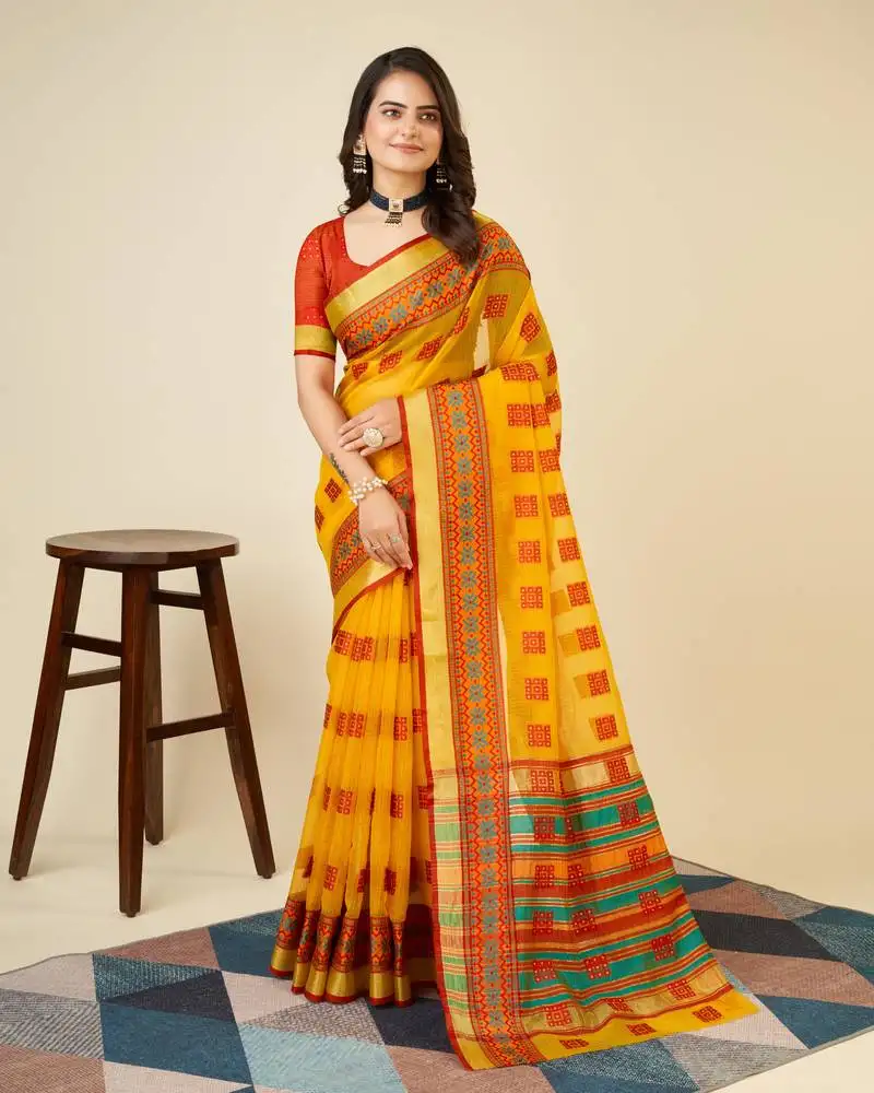 Yellow soft semi cotton saree with blouse piece
