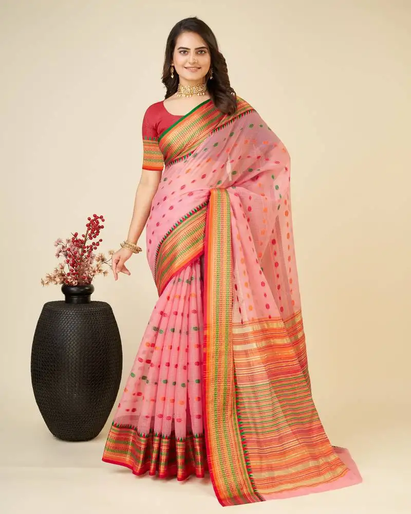 Pink silk blend contrast zari border saree with matching blouse