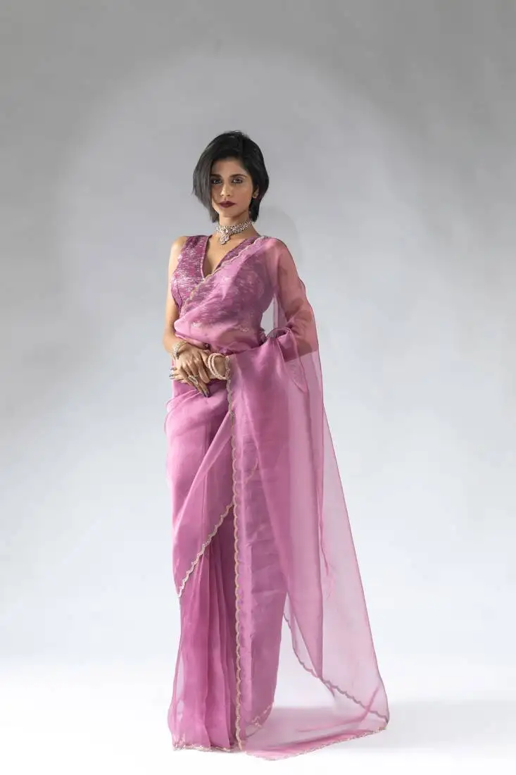 Magenta organza border cut and stone work ready to wear saree with unstitch blouse