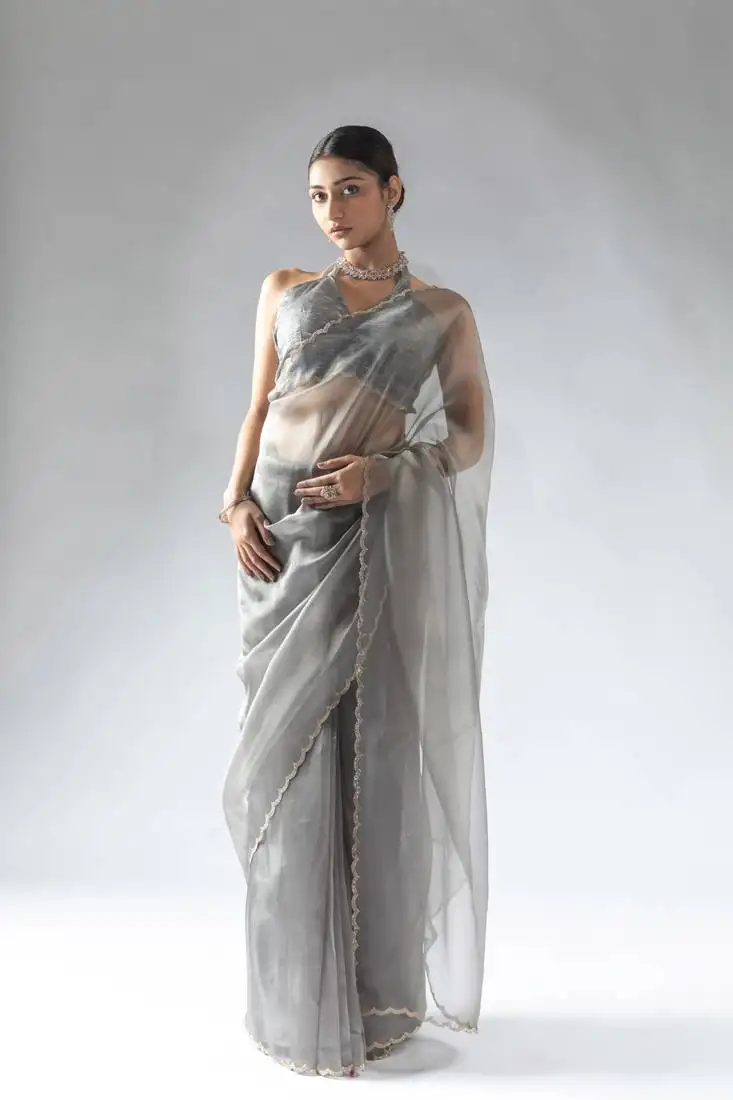 Grey organza border cut and stone work ready to wear saree with unstitch blouse