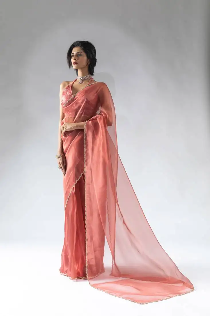 Peach organza border cut and stone work ready to wear saree with unstitch blouse