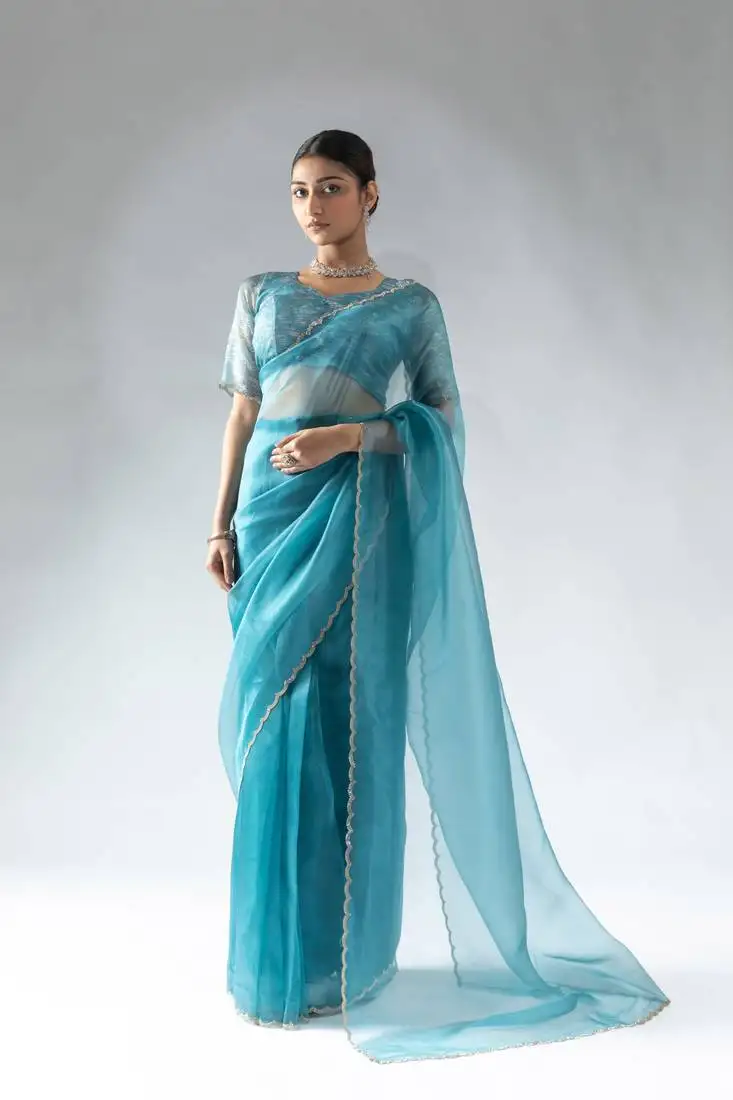 Blue organza border cut and stone work ready to wear saree with unstitch blouse