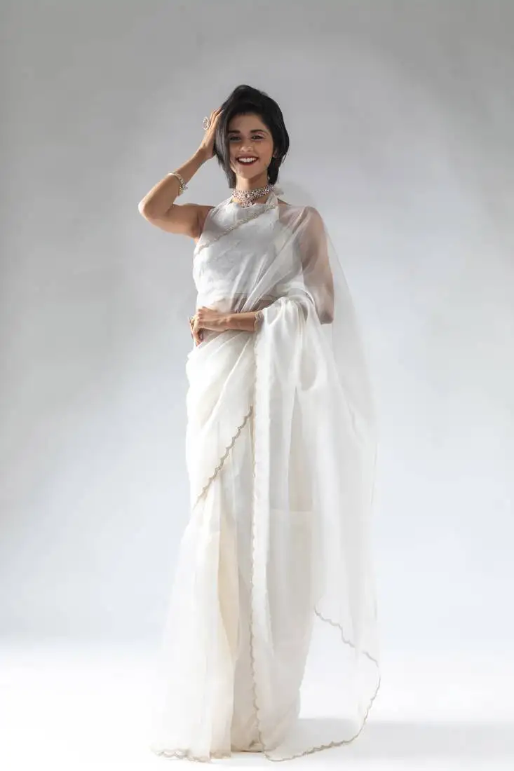 Offwhite organza border cut and stone work ready to wear saree with unstitch blouse