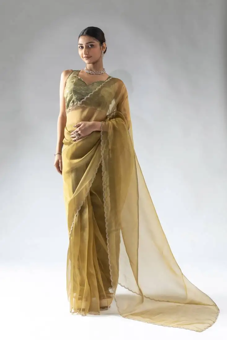 Mustard organza border cut and stone work ready to wear saree with unstitch blouse