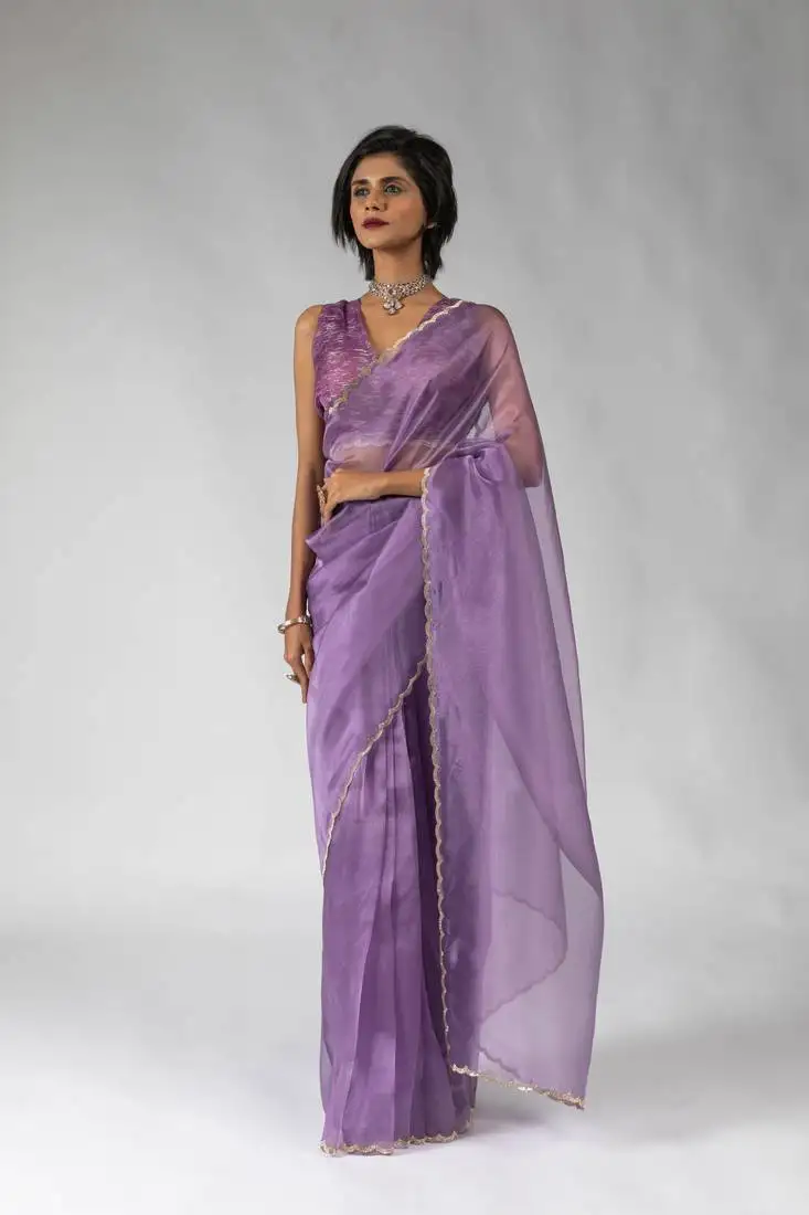 Lavender organza border cut and stone work ready to wear saree with unstitch blouse