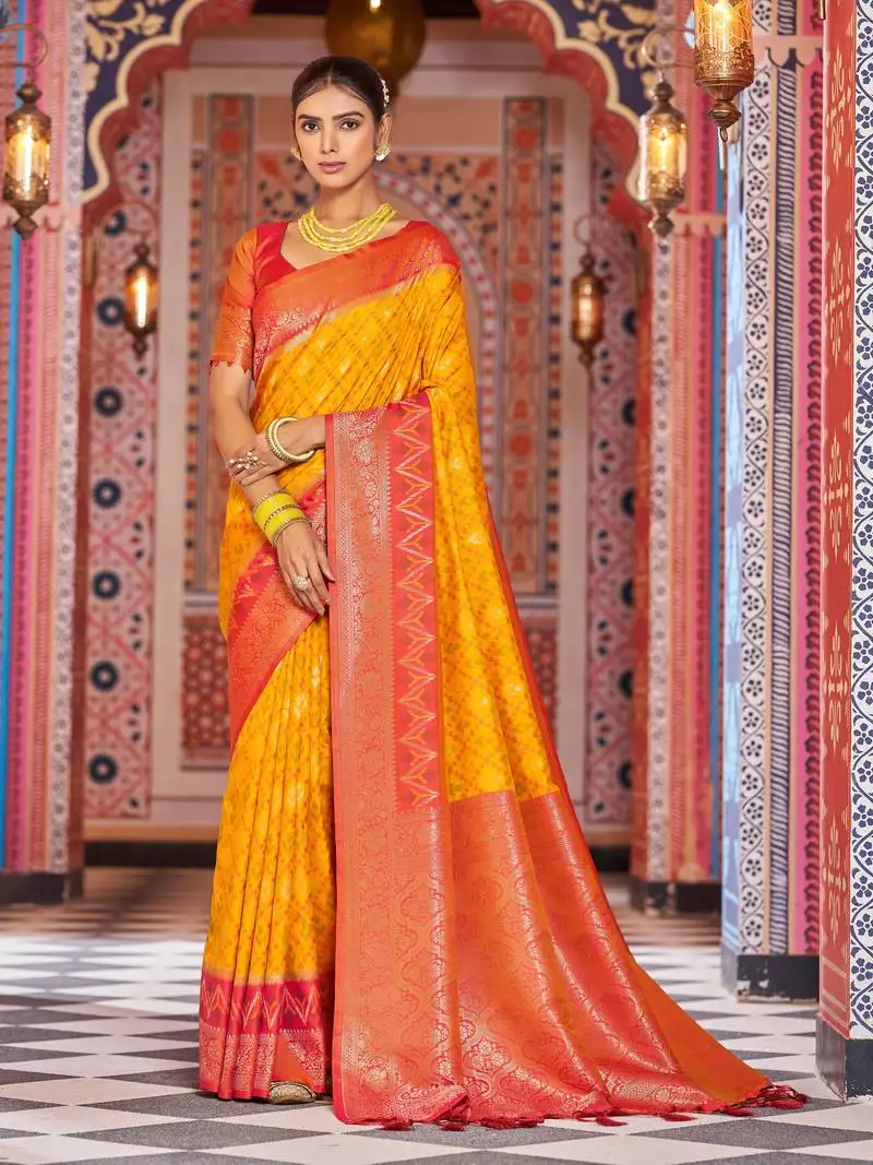 Orange banarasi style soft silk blend zari border & threads work saree with blouse