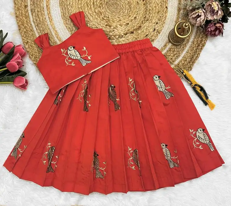 Kids red embroidery south indian traditional pattu pavadai silk blend readymade lehenga choli dress for girls