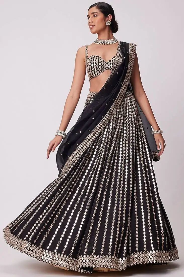 Black zari embroidered mirror work organza lehenga choli