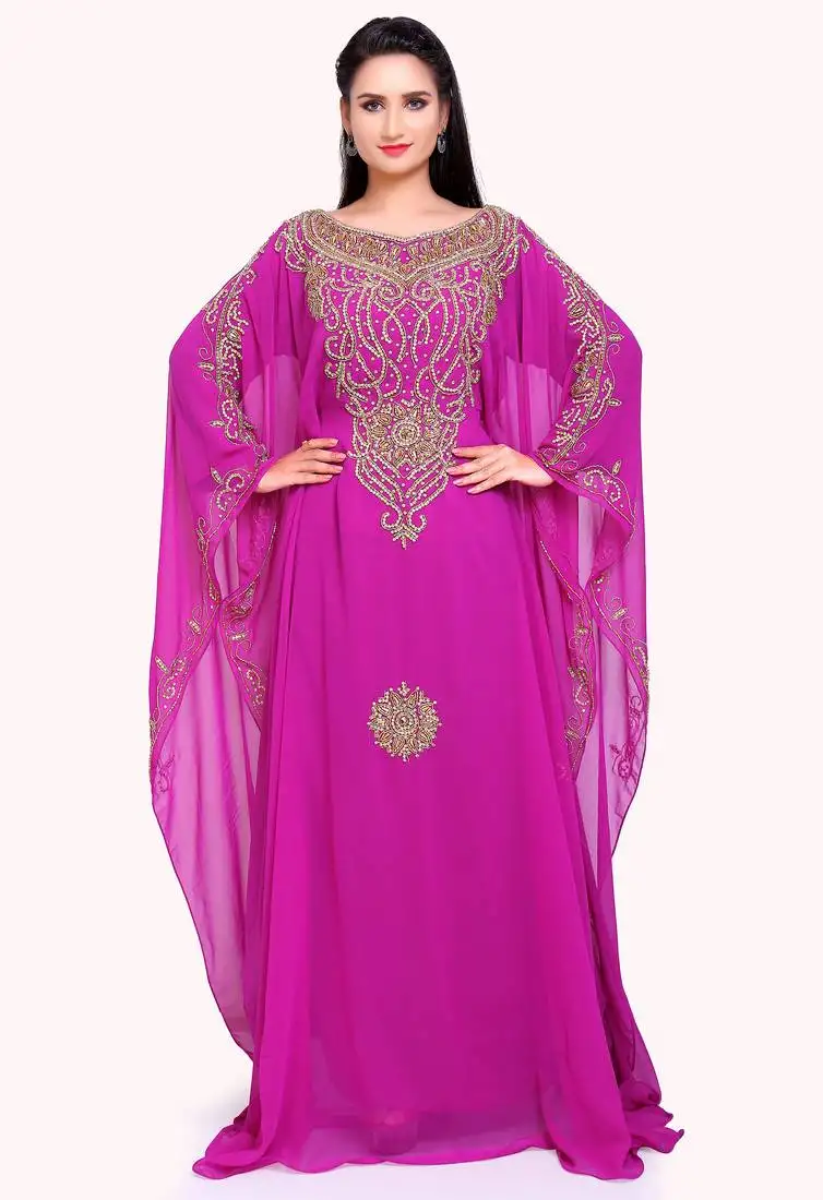 Royal fuchsia embellished georgette stitched kaftan with gold handwork