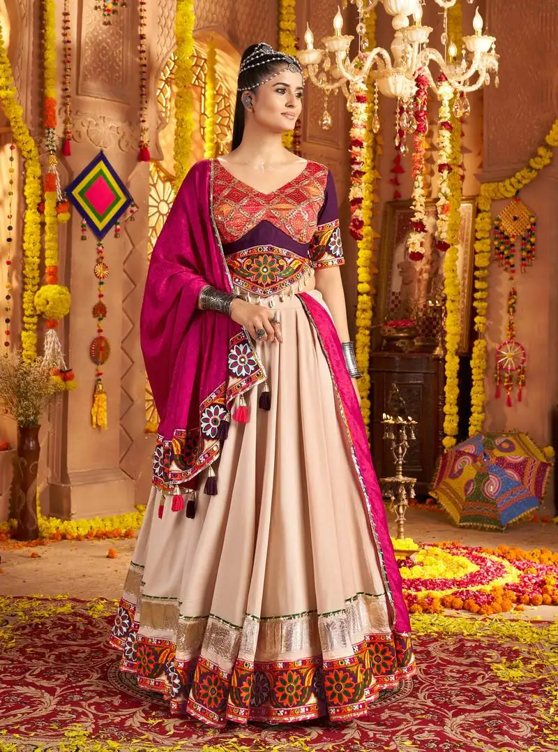 Beige viscose rayon lehenga choli with thread embroidery & mirror work   navratri special