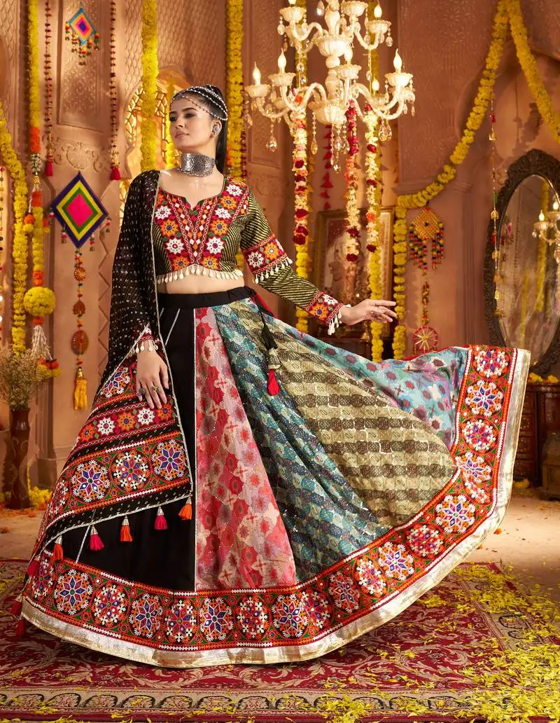 Black viscose rayon lehenga choli with thread embroidery & mirror work navratri special