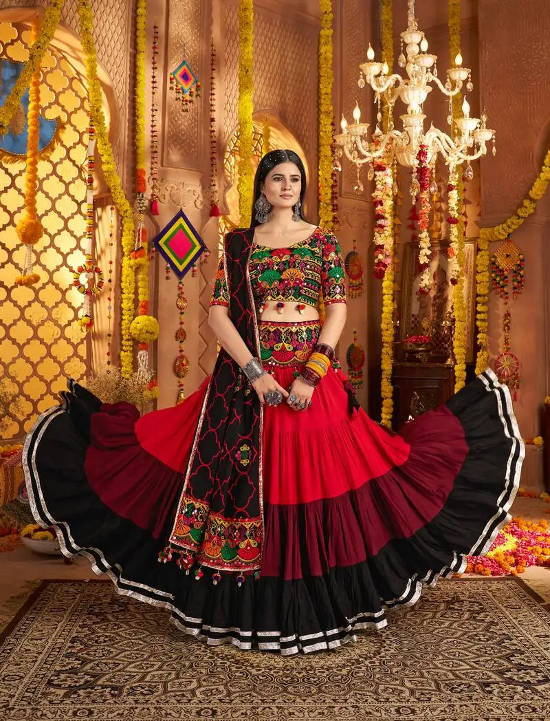 Black red thread embroidered mirror work stitched lehenga choli
