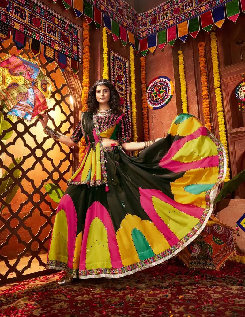Black digital print thread mirror embroidered navratri special stitched lehenga choli